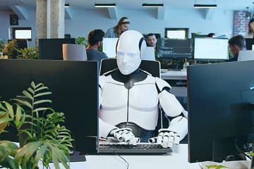 Imaginea ilustrează cum VEROBIT SRL utilizează inteligența artificială pentru a eficientiza munca de birou, subliniind colaborarea dintre oameni și AI.